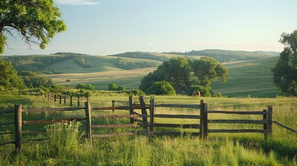 A Breathtaking Tranquil Field with Fencing and Rolling Hills in the Golden Light of Evening