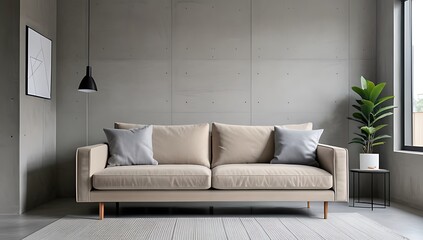 grey beige sofa small modern living room near large grey concrete wall