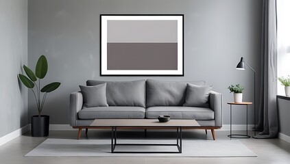 grey sofa modern living room features grunge decor grey fabric vintage poster frame