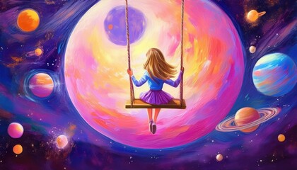 Painted Girl on a huge swing in front of a planetscape In Front of a little universe pink and blue planets and stars