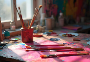 Fototapeta premium vibrant artists workspace filled with paintbrushes, colorful palettes, and creative tools, capturing essence of artistic expression and inspiration