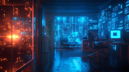 Obraz premium Lawyers reviewing privacy laws for IoT devices, holographic data streams representing personal information flow, smart home devices in the background,