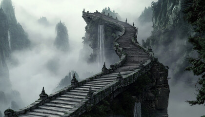 Fototapeta premium A colossal stone staircase winds endlessly through a mist-covered valley