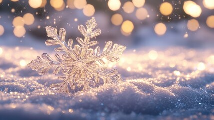 Magical winter scene with 3D snowflake resting on snow, illuminated by warm fairy lights and softly blurred background. Christmas