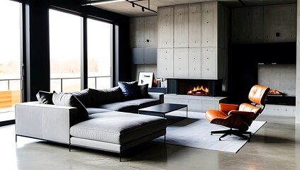 loft home features sofa fireplace front concrete wall plenty space furnish