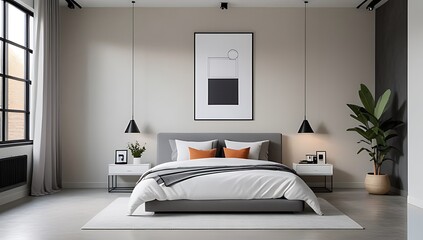 minimalist loft features modern bedroom poster frame stucco walls clean simple decor throughout space effectively