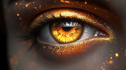 Close-up of a vibrant, fiery orange eye with sparkling details.