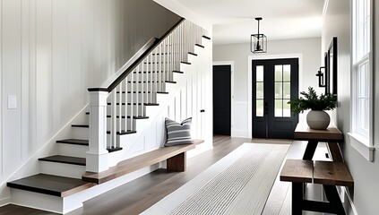 modern farmhouse style combines classic rustic elements stylish hall prominent staircase ornate bench details nearby