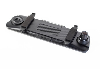 Car mirror with rear view camera and video recorder on a white background, isolate, close-up