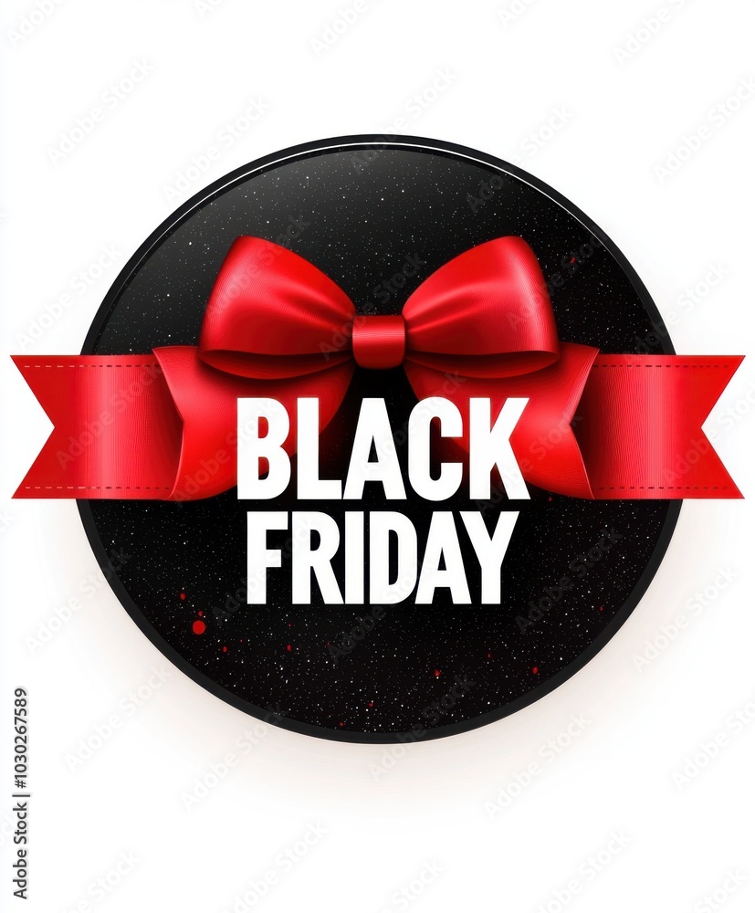 Poster a black, round button with a red ribbon bow, set against a white background and featuring the text 