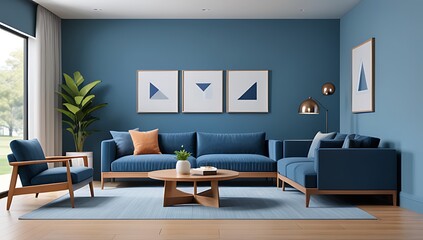 modern living room features blue sofa wooden coffee tables blue wall ample copy space rendering