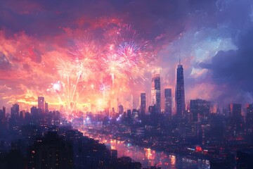 Fototapeta premium Dazzling New Year s Eve Fireworks Over a Glittering Futuristic Cityscape