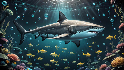 Large shark swimming under the sea surface