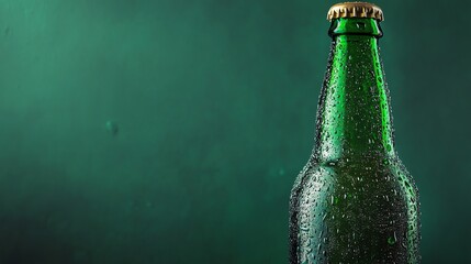 A cold beer bottle with condensation on a green background.