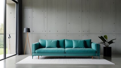 modern living room features teal sofa concrete wall minimalist decor
