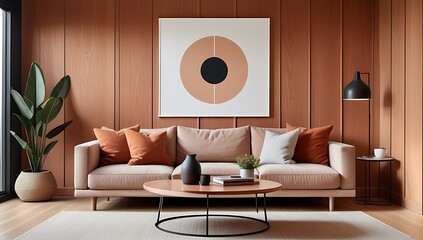 modern living room features round coffee table terra cotta cushions near paneling wall art poster scandinavian style home