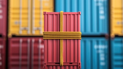 Stacked cargo containers held up by red tape symbolizing bureaucratic trade obstacles international shipping delays and logistical challenges in the global supply chain and transportation industry