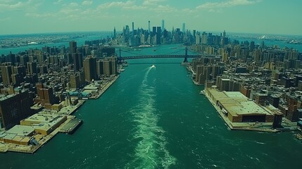 Fototapeta premium Aerial view of a city skyline with a river and bridges.