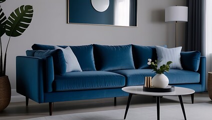 modern minimalist living room features blue sofa neutral calming space