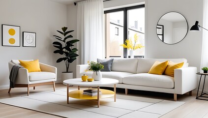 modern scandinavian living room features round coffee table near white sofa yellow accents cozy atmosphere