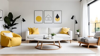 modern scandinavian living room features round coffee table near white sofa yellow accents cozy atmosphere