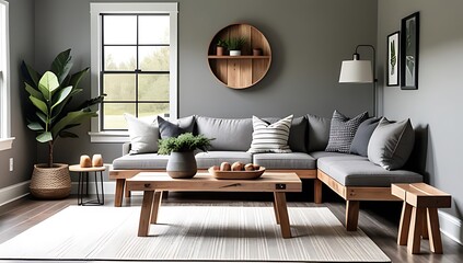 rustic farmhouse decor features wooden benches grey walls rural modern living room natural elements earthy tones everywhere