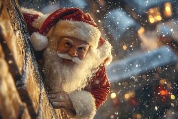 Jolly Santa Claus Climbing Down Chimney on Christmas Eve with Falling Snow and Presents