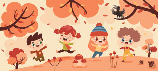Fototapeta premium Autumn Illustration With Cartoon Kids
