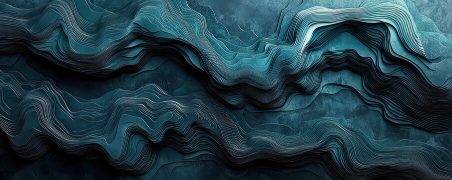 Topographic wall art in black and teal with dark gray tones, depicting layered abstract landscape design