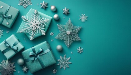Christmas background with snowflakes and gifts on flat turquoise surface with space for text