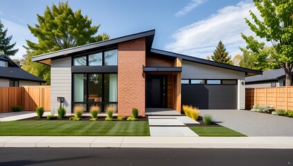 small modern house features wooden cantilever brick wall landscaped front yard paved pathway residential architecture design
