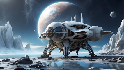 A futuristic spaceship landed on a snowy planet with a large moon in the sky