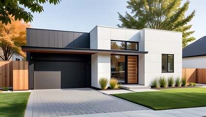 small modern house features wooden cantilever brick wall landscaped front yard paved pathway residential architecture design