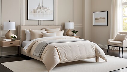 soft beige bedding adorns minimalist french country style modern bedroom elegant neutral tones