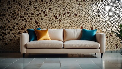 soft beige sofa fits vibrant mosaic rough concrete walls