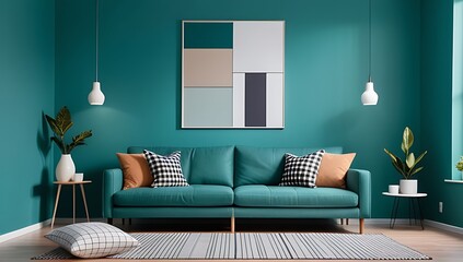 teal wall features fabric sofa plaid pillows modern scandinavian style living room