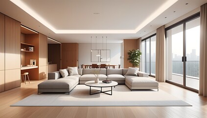 Fototapeta premium warmly lit room furniture arranged around central space