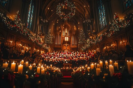 Christmas Choir Singing in Elaborately Decorated Church with Candles and Garlands