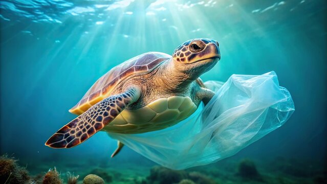 Turtle with plastic bag symbolizing ocean pollution