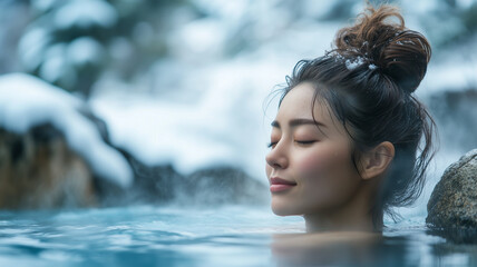 Fototapeta premium 温泉でリラックスする日本人女性