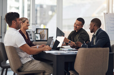 Meeting, office and business people on laptop and documents for planning, teamwork and collaboration. Corporate company, discussion and men and women with paperwork, computer and online feedback