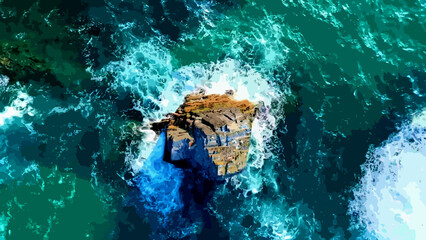 A breathtaking aerial view of a rugged, rocky outcrop surrounded by a turbulent ocean. The deep blue waters are churned into frothy whitecaps as waves crash against the jagged cliffs. The scene evokes