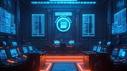 A courtroom scene with digital evidence obtained through e-discovery, glowing holographic screens displaying emails, chat logs, and encrypted files, lawyers debating the evidence,
