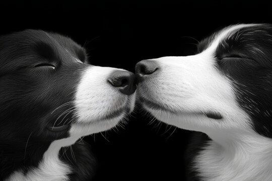 Two puppies touching noses in a tender heartwarming moment of affection their eyes closed as they share a soft loving connection in a black and white portrait