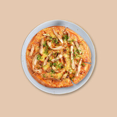 seafood pasta with burger, pizza, salad, breakfast, chicken, curry fish top view group set on white marble table western spaghetti cuisine halal food hotel luxury cafe menu cover design