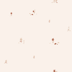 Seamless pattern with cute flowers and stones in minimalist scandinavian style. Cartoon botanical for children's design . Hand drawn illustration of beige and maroon herbs.