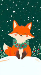 Obraz premium Charming Winter Fox Illustration with Festive Wreath, Snowfall on Emerald Background - Seasonal Greeting Card Design