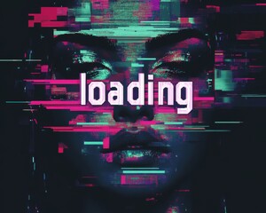 "Loading" text with VHS glitch effect, creating a retro aesthetic and digital distortion.
