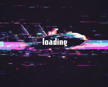 "Loading" text with VHS glitch effect, creating a retro aesthetic and digital distortion.