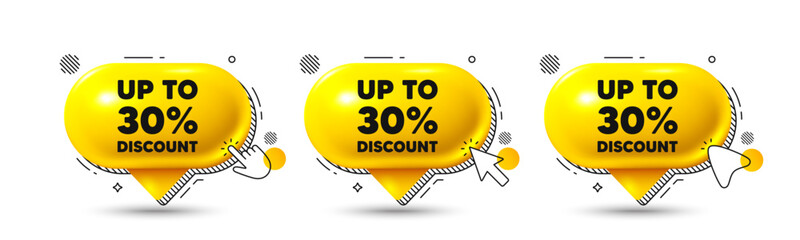 Chat speech bubble 3d icons. Up to 30 percent discount. Sale offer price sign. Special offer symbol. Save 30 percentages. Discount tag chat offer. Speech bubble banners. Text box balloon. Vector